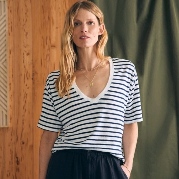 Faherty Tops - Faherty Oceanside Linen Blue and White Stripe V Neck Shortsleeve Top Small